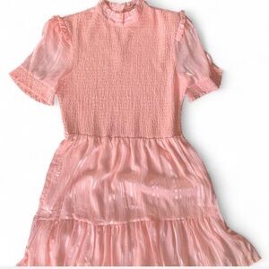 INA womens short ruffle shirred sleeve mini dress pink shiny stripes size small